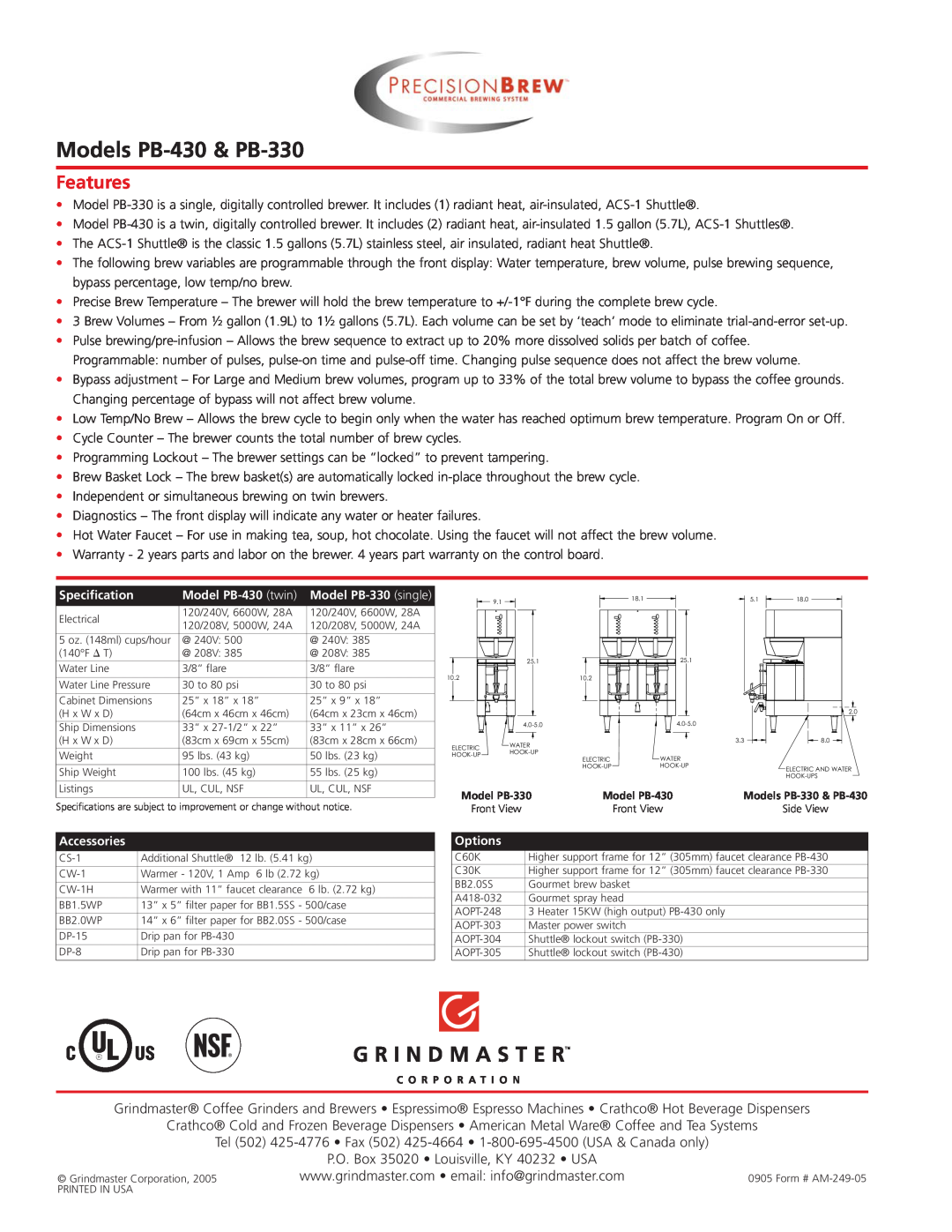 Grindmaster manual Models PB-430& PB-330, Features 