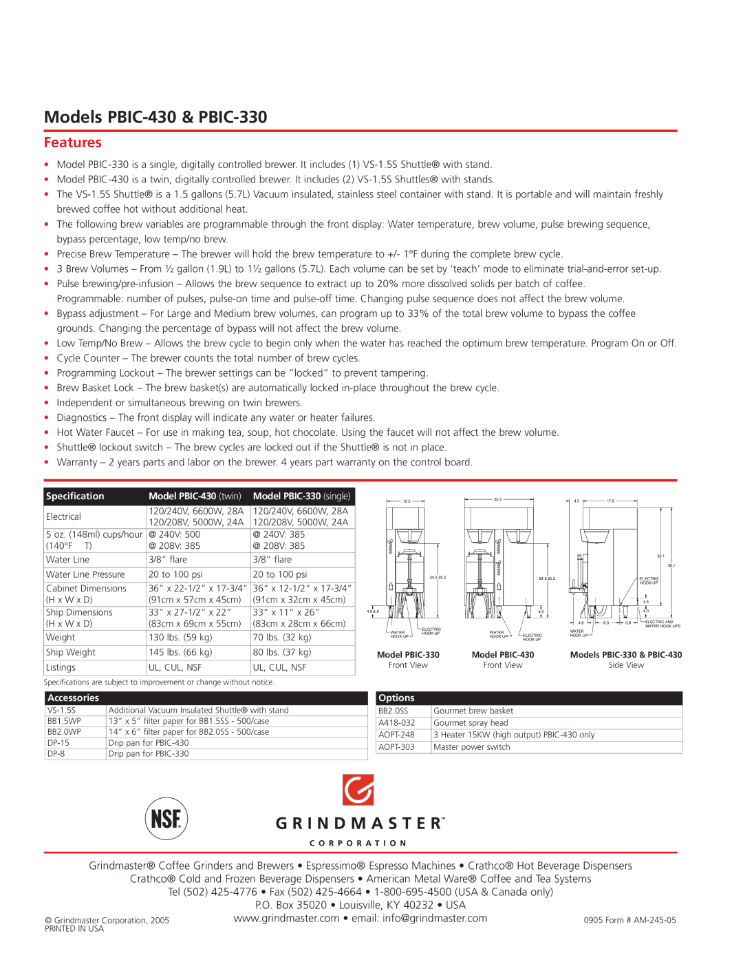 Grindmaster PBIC-330 manual Specification, Options, Model PBIC-430 twin, Accessories 