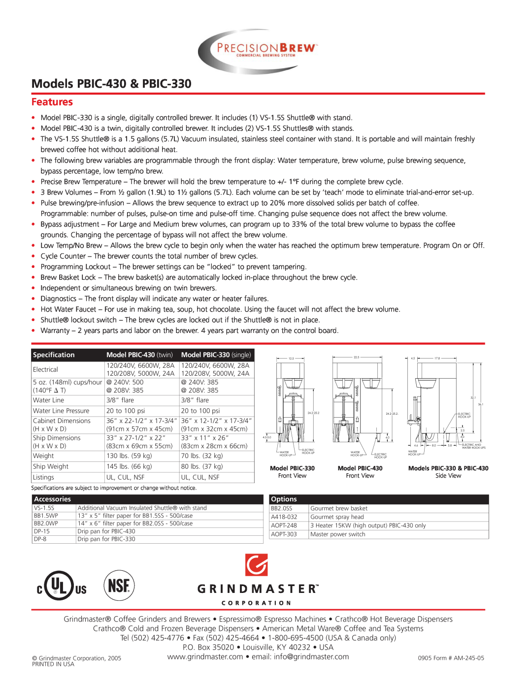 Grindmaster manual Models PBIC-430& PBIC-330, Features 