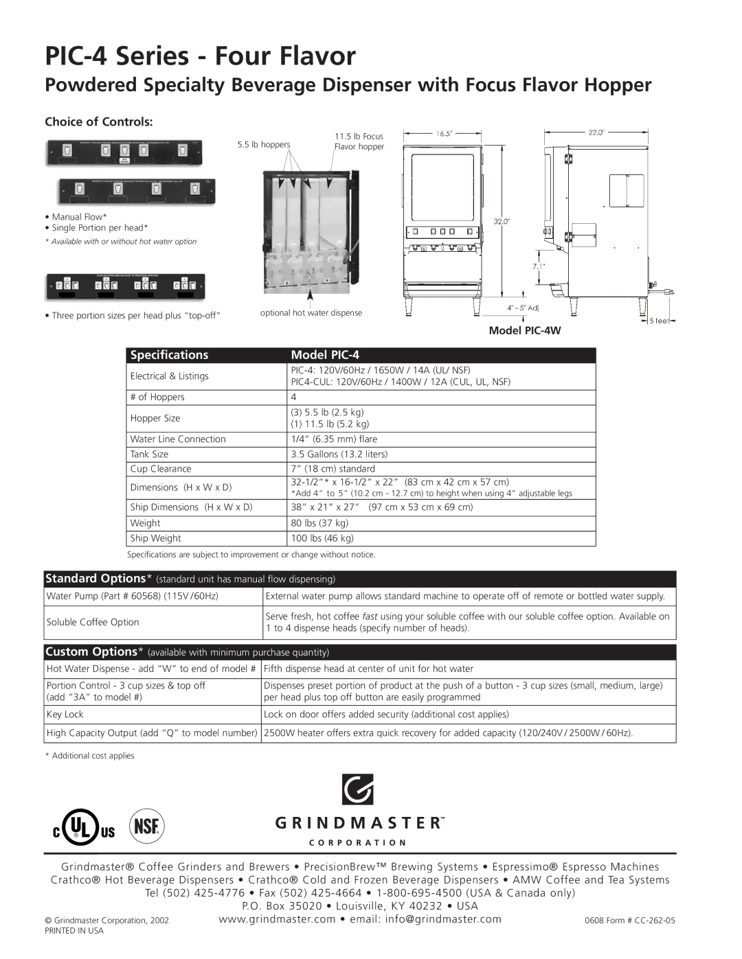 Grindmaster Choice of Controls, Specifications Model PIC-4, Standard Options* standard unit has manual flow dispensing 