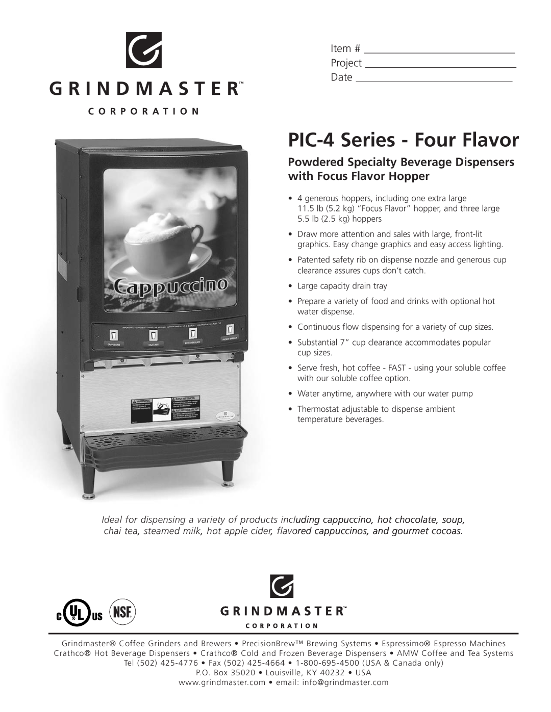 Grindmaster manual PIC-4Series - Four Flavor, Item #, Project, Date 