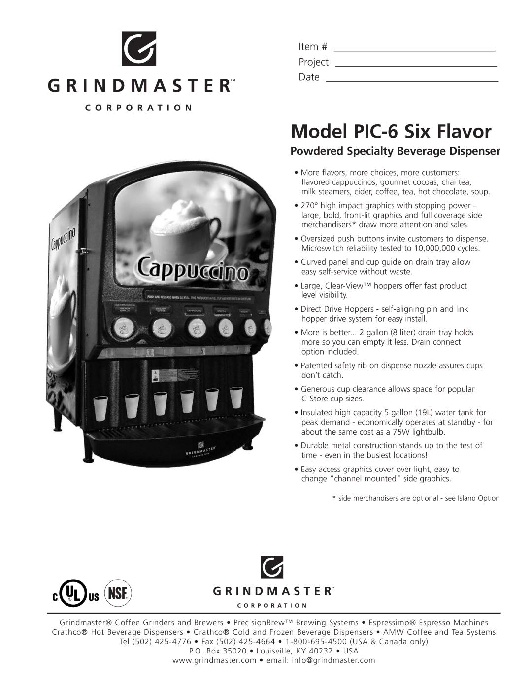 Grindmaster manual Model PIC-6 Six Flavor, Powdered Specialty Beverage Dispenser 