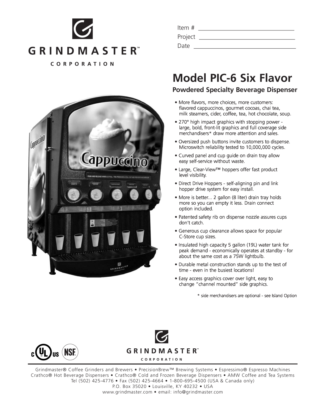 Grindmaster manual Model PIC-6Six Flavor, Powdered Specialty Beverage Dispenser, Item #, Project, Date 