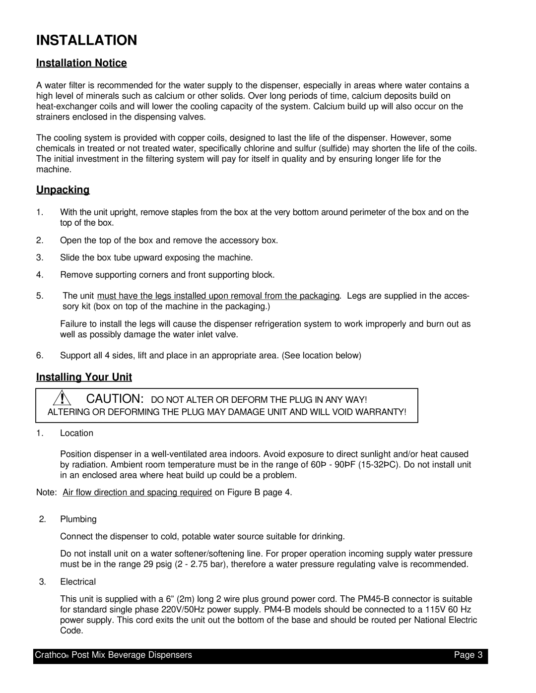 Grindmaster PM45-B, PM4-B instruction manual Installation Notice, Unpacking, Installing Your Unit 