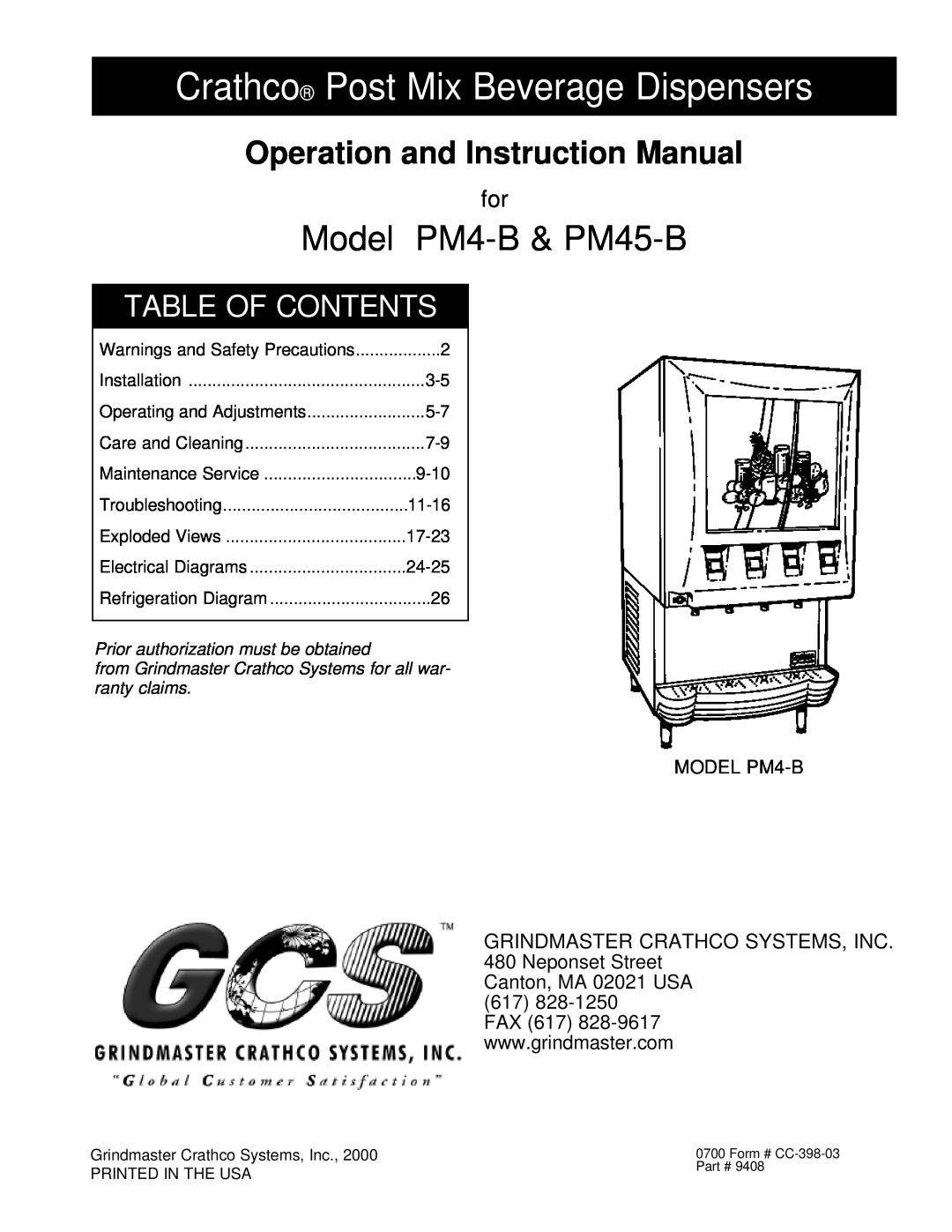 Grindmaster instruction manual MODEL PM4-B, Crathco Post Mix Beverage Dispensers, Model PM4-B& PM45-B 