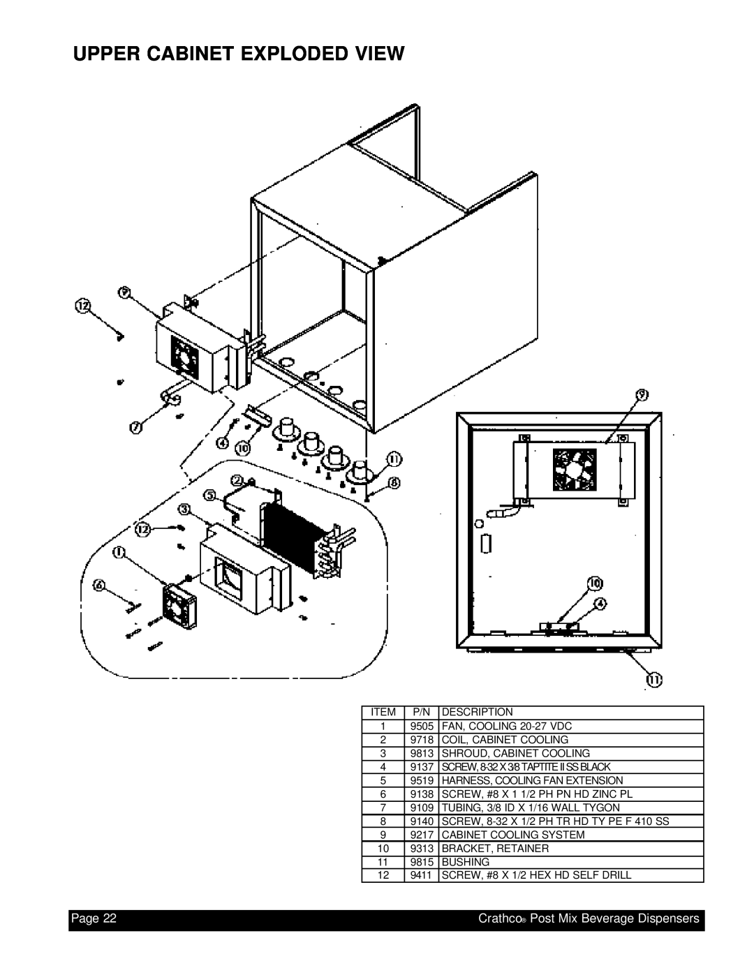 Grindmaster PM4-B, PM45-B instruction manual Upper Cabinet Exploded View, Page, Crathco Post Mix Beverage Dispensers 