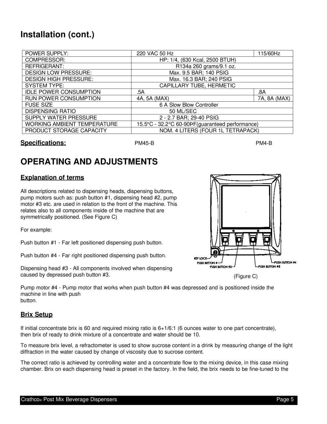 Grindmaster PM45-B Installation cont, Operating And Adjustments, Specifications, Explanation of terms, Brix Setup, Page 