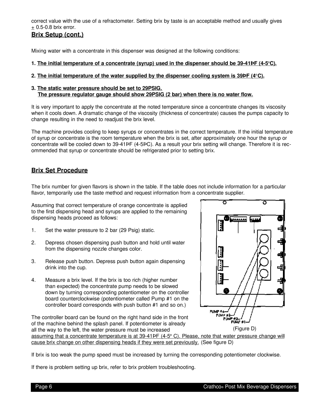 Grindmaster PM4-B, PM45-B instruction manual Brix Setup cont, Brix Set Procedure, Page, Crathco Post Mix Beverage Dispensers 