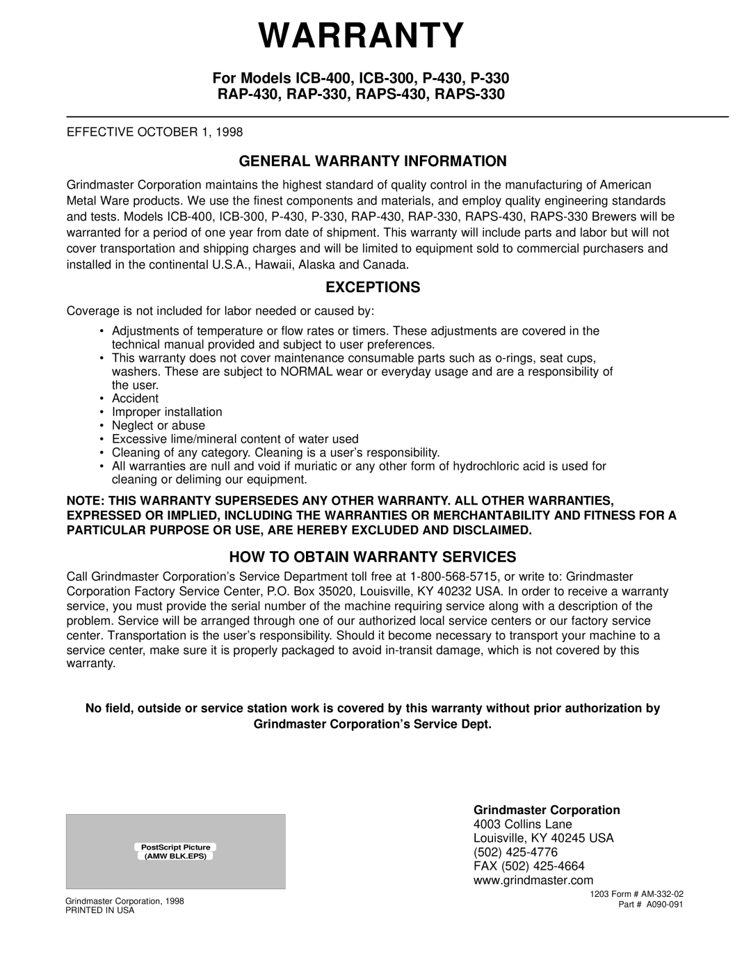 Grindmaster P-330 manual General Warranty Information, Exceptions, HOW to Obtain Warranty Services, Grindmaster Corporation 