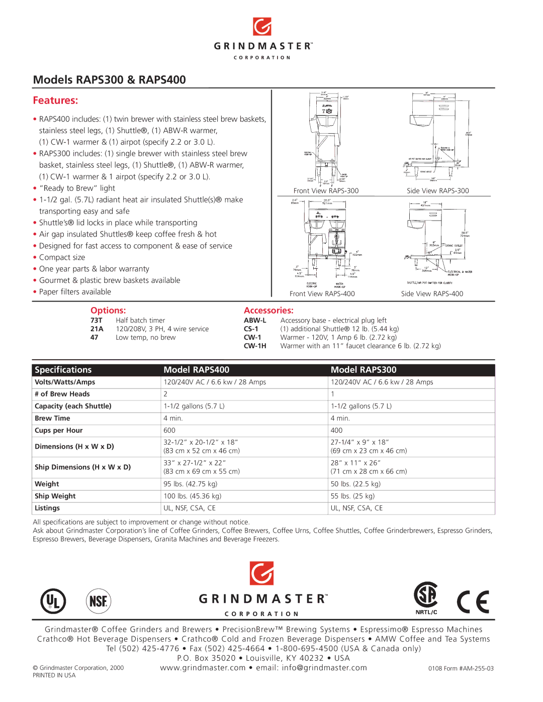 Grindmaster Models RAPS300 & RAPS400, Features, Options Accessories, Specifications Model RAPS400 Model RAPS300, Abw-L 