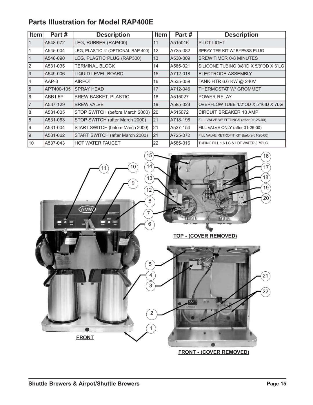 Grindmaster RAPS300E, RAP300E, RAPS400E instruction manual Parts Illustration for Model RAP400E 