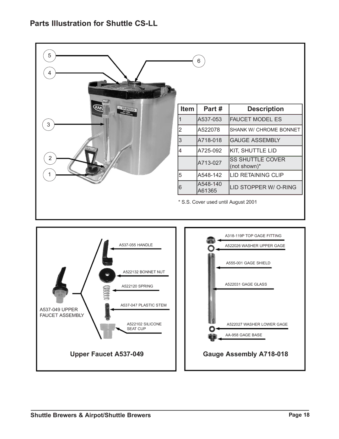 Grindmaster RAPS300E, RAP400E, RAP300E, RAPS400E Parts Illustration for Shuttle CS-LL, LID Stopper W/ O-RING 