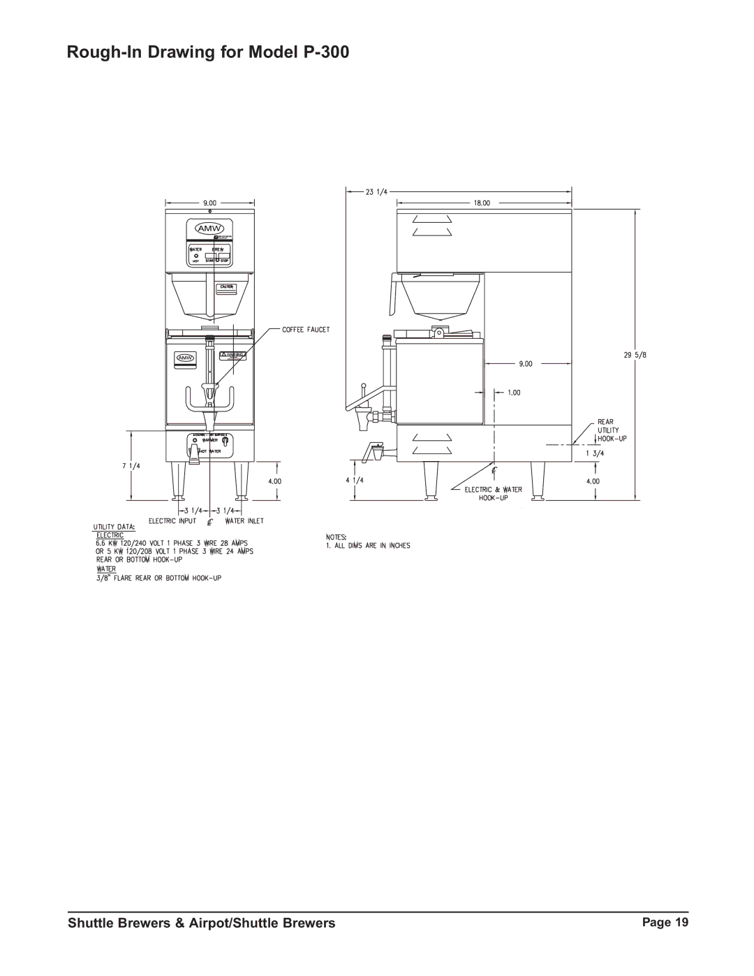 Grindmaster RAP400E, RAPS300E, RAP300E, RAPS400E instruction manual Rough-In Drawing for Model P-300 