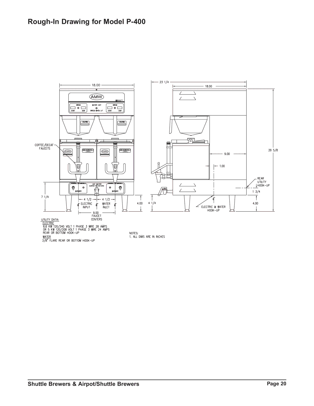 Grindmaster RAP300E, RAPS300E, RAP400E, RAPS400E instruction manual Rough-In Drawing for Model P-400 