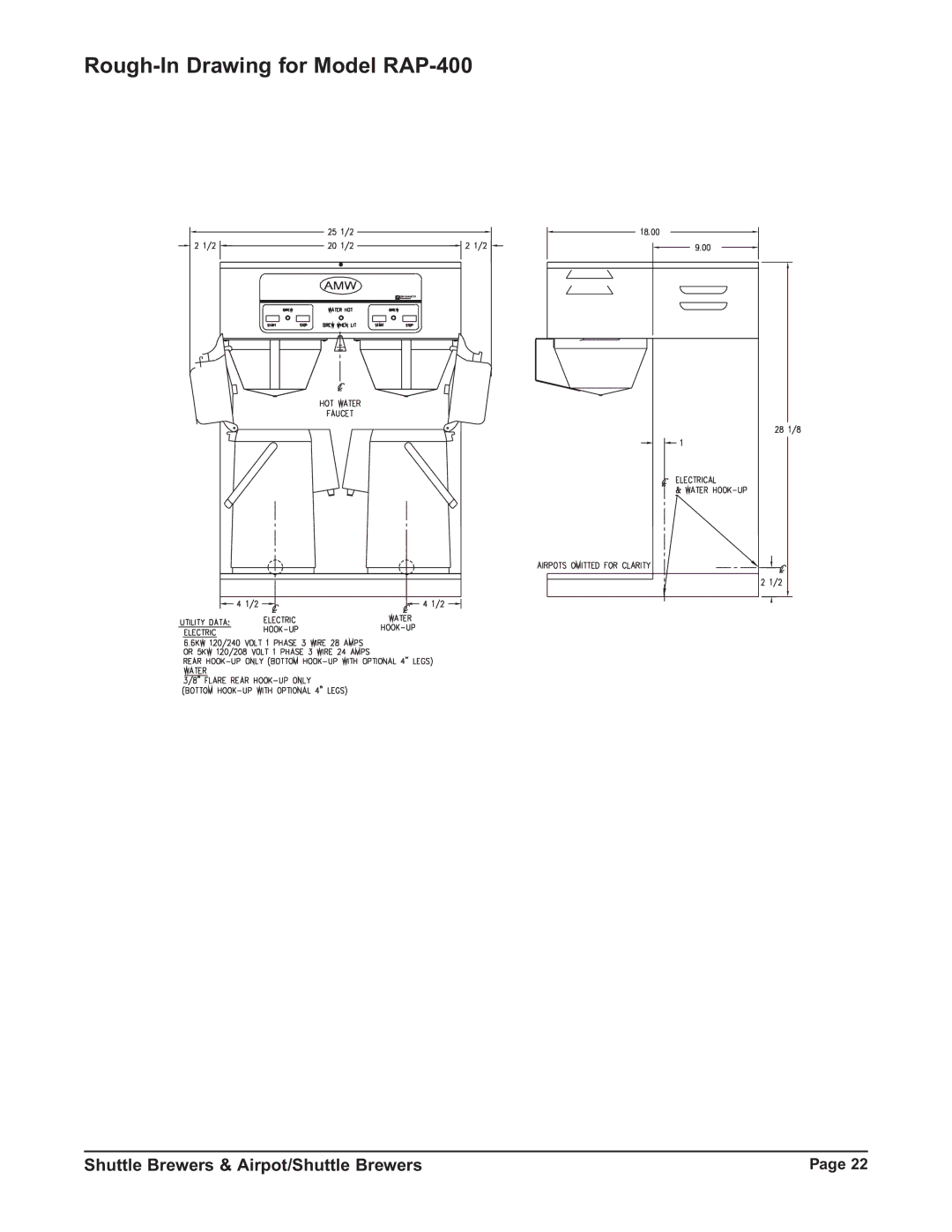 Grindmaster RAPS400E, RAPS300E, RAP400E, RAP300E instruction manual Rough-In Drawing for Model RAP-400 