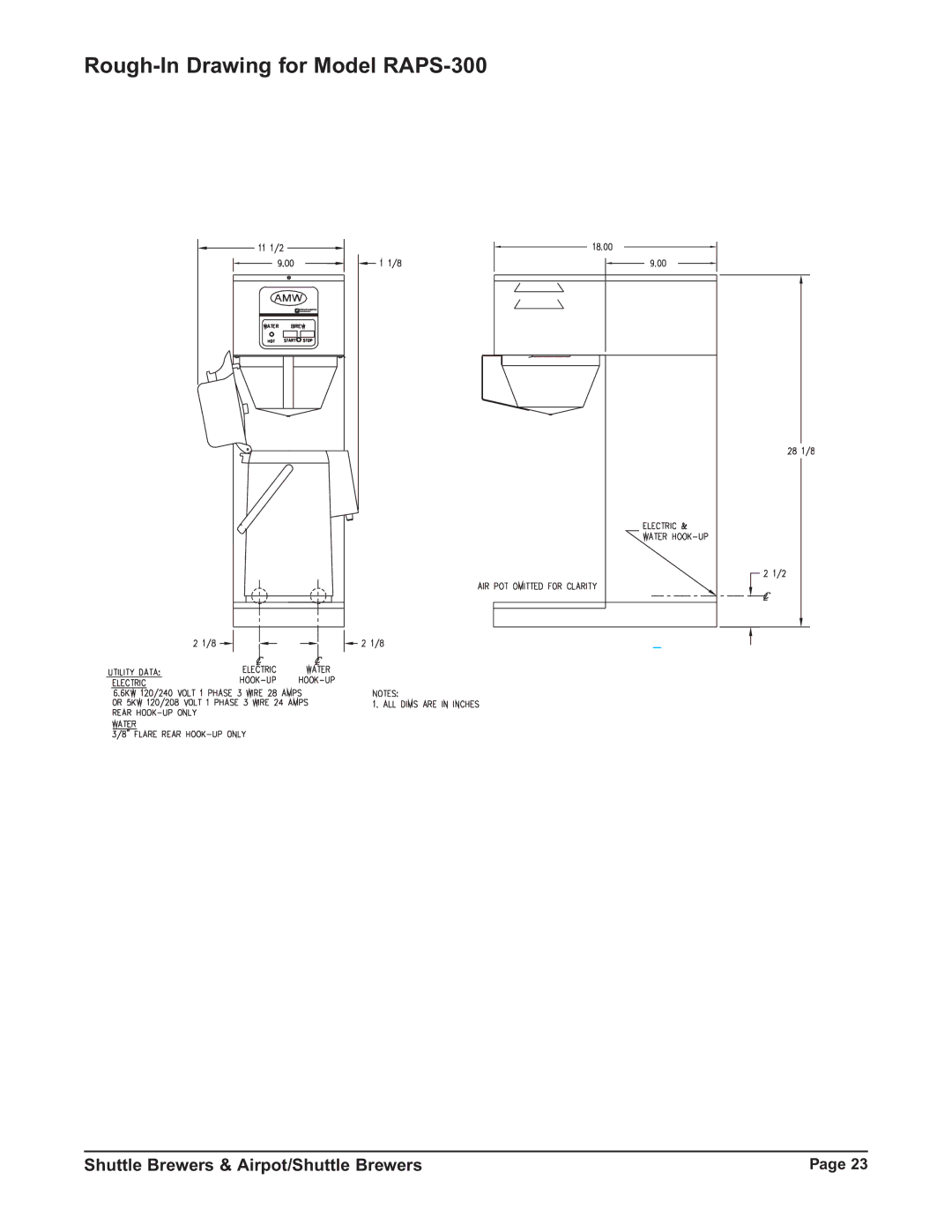 Grindmaster RAPS300E, RAP400E, RAP300E, RAPS400E instruction manual Rough-In Drawing for Model RAPS-300 