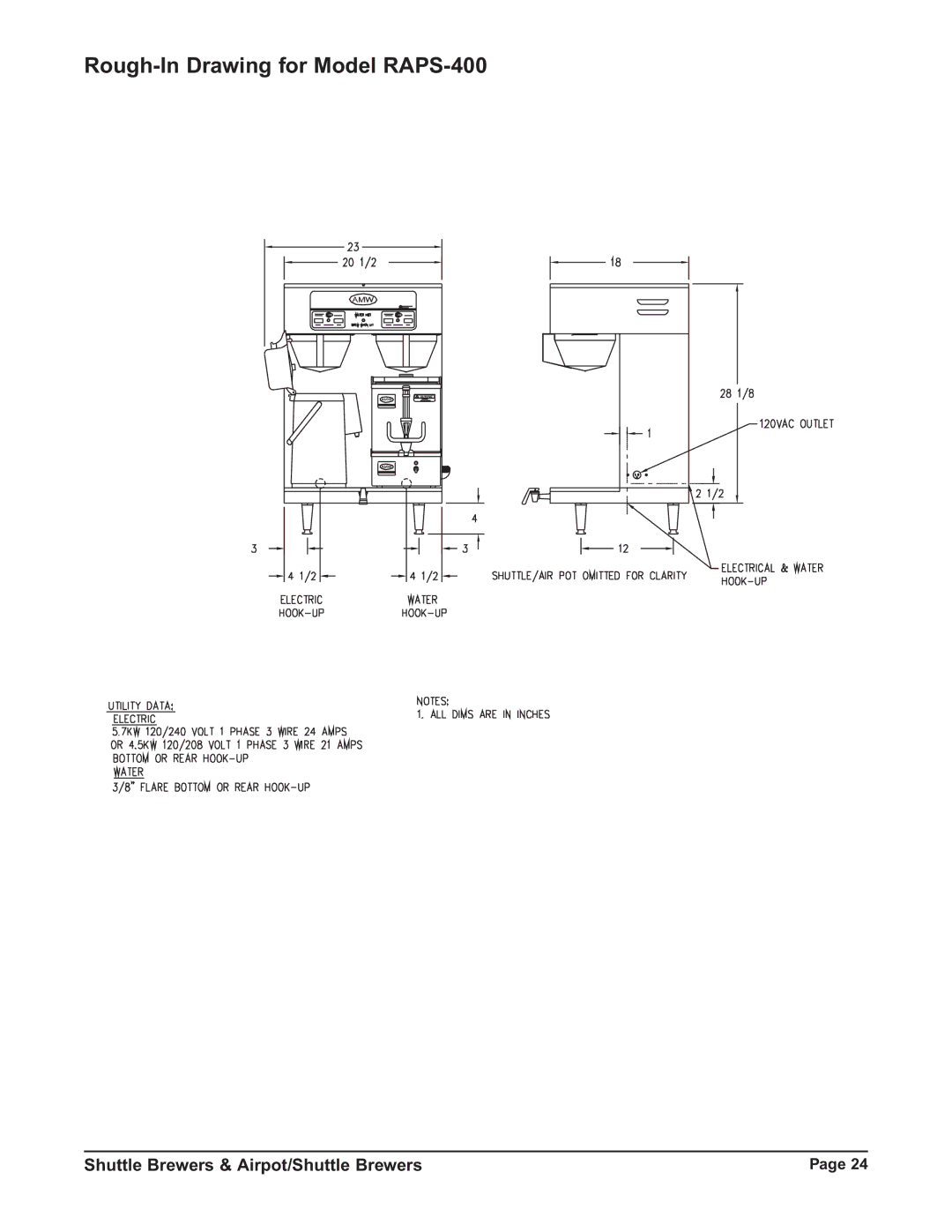 Grindmaster RAPS300E, RAP400E, RAP300E, RAPS400E instruction manual Rough-In Drawing for Model RAPS-400 