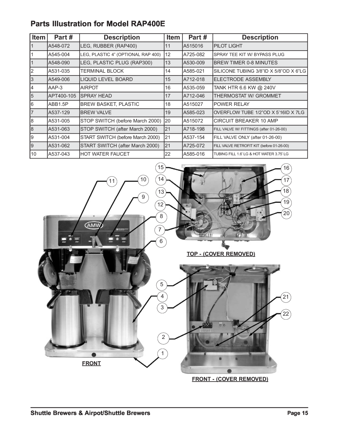 Grindmaster RAPS300E Parts Illustration for Model RAP400E, Description, Shuttle Brewers & Airpot/Shuttle Brewers, Page 