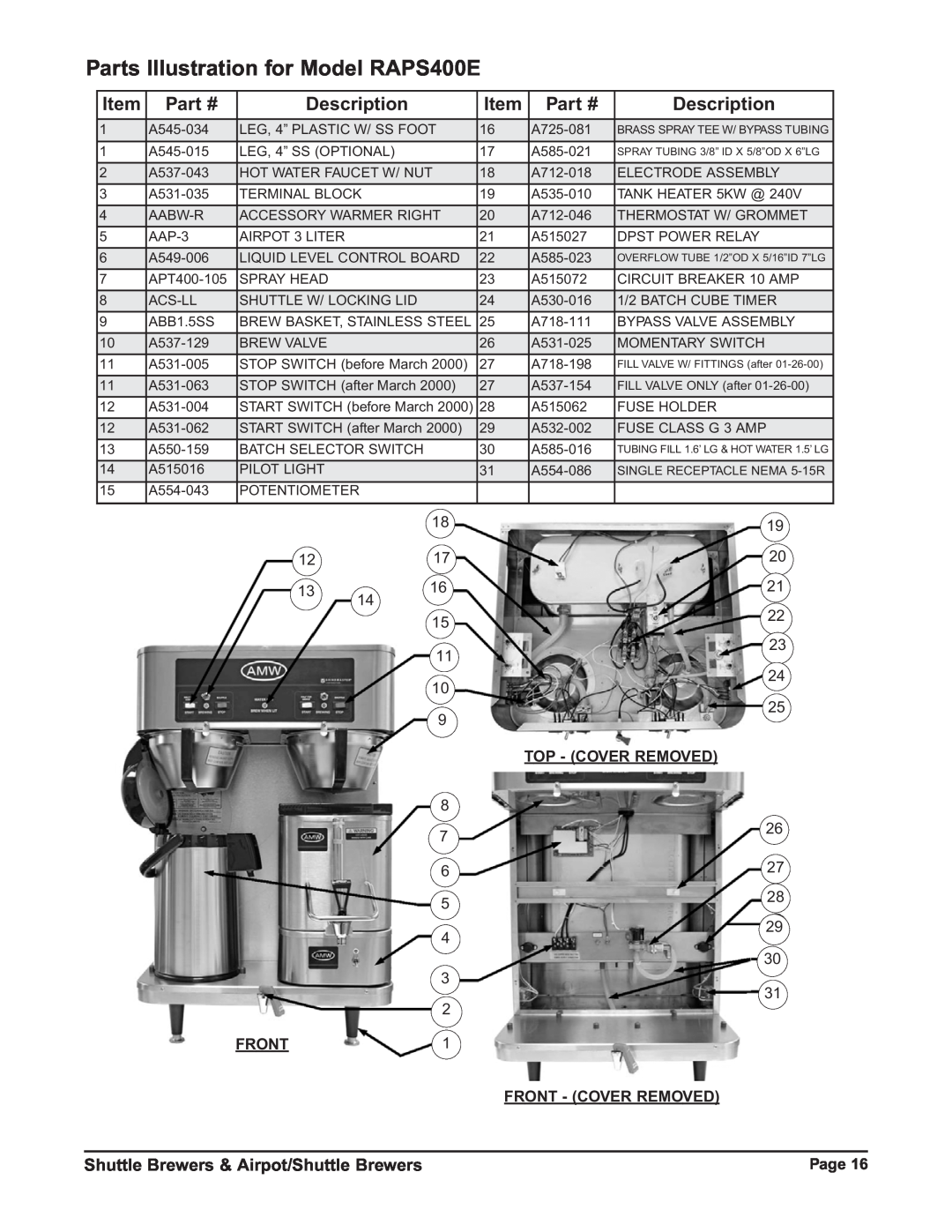 Grindmaster RAP400E Parts Illustration for Model RAPS400E, Description, Shuttle Brewers & Airpot/Shuttle Brewers, Page 