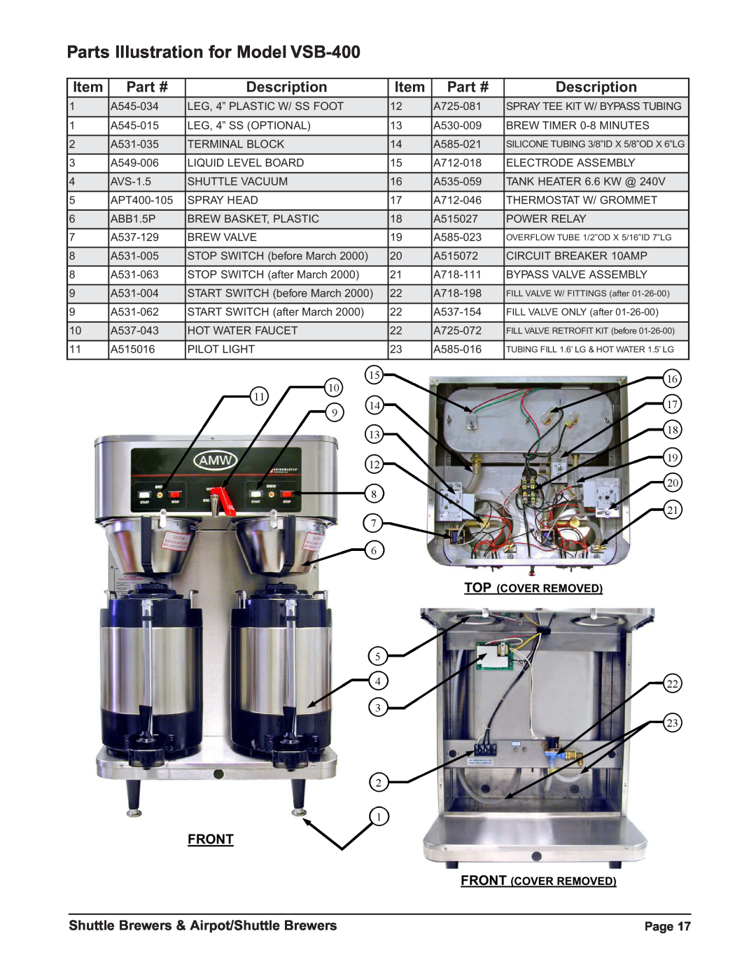 Grindmaster P300E Parts Illustration for Model VSB-400, Description, Shuttle Brewers & Airpot/Shuttle Brewers, Front, Page 