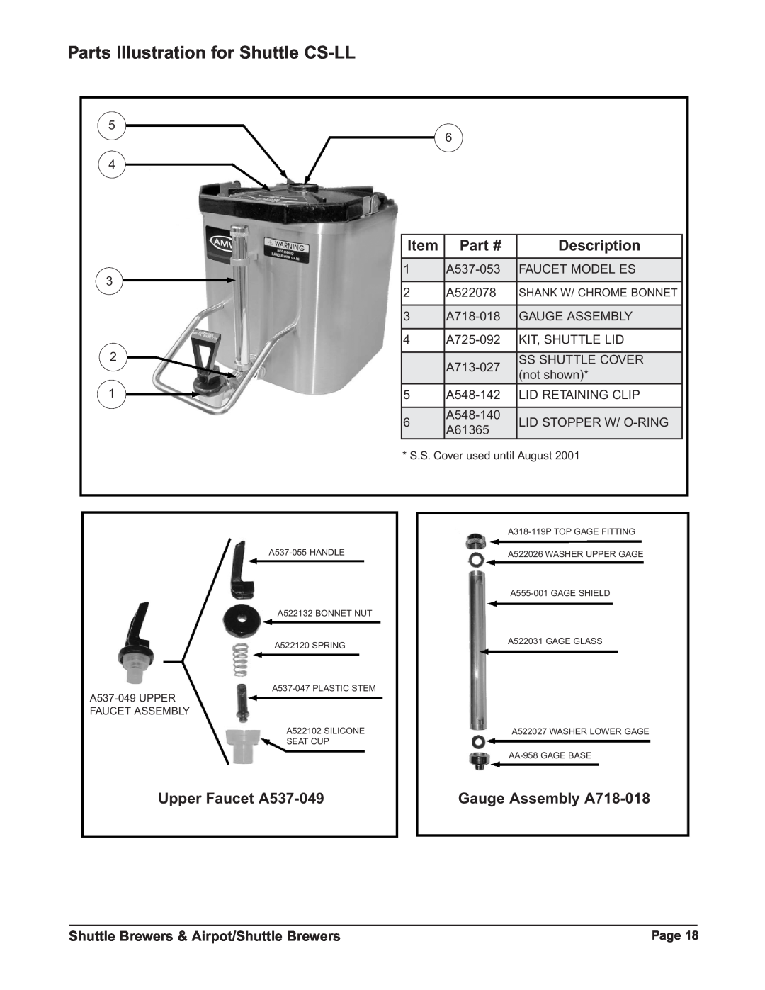 Grindmaster RAPS300E Parts Illustration for Shuttle CS-LL, Upper Faucet A537-049, Gauge Assembly A718-018, Description 