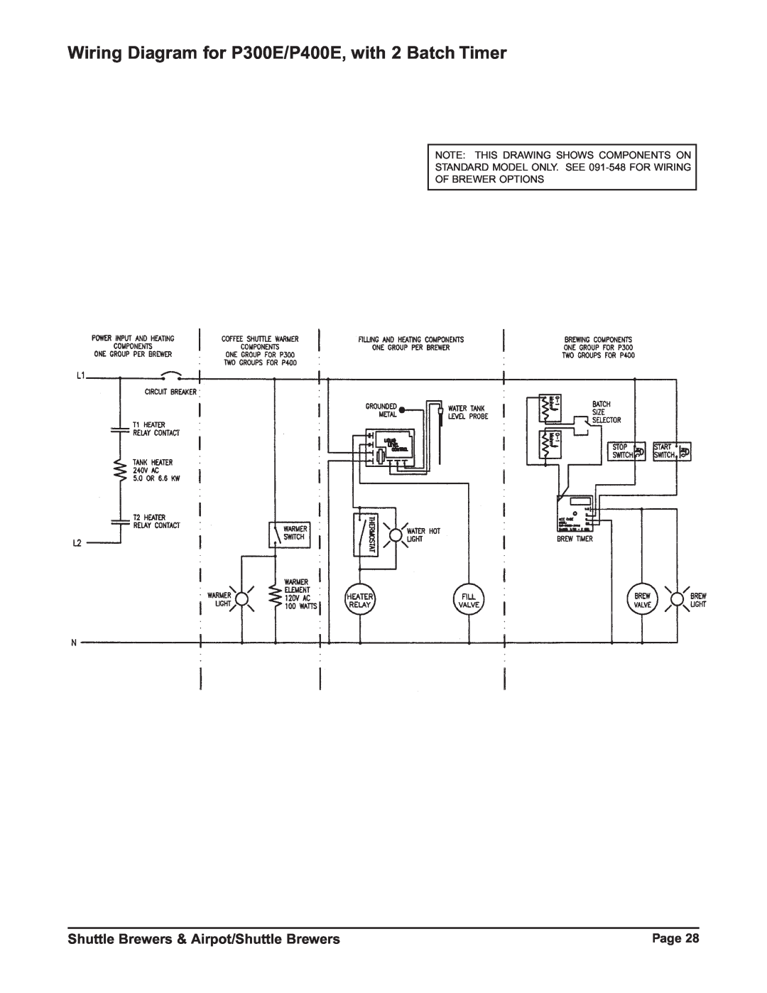 Grindmaster RAPS400E Wiring Diagram for P300E/P400E, with 2 Batch Timer, Shuttle Brewers & Airpot/Shuttle Brewers, Page 