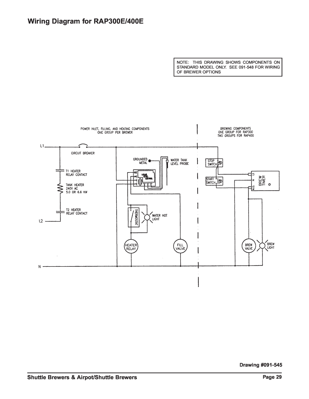 Grindmaster RAPS300E Wiring Diagram for RAP300E/400E, Shuttle Brewers & Airpot/Shuttle Brewers, Drawing #091-545, Page 