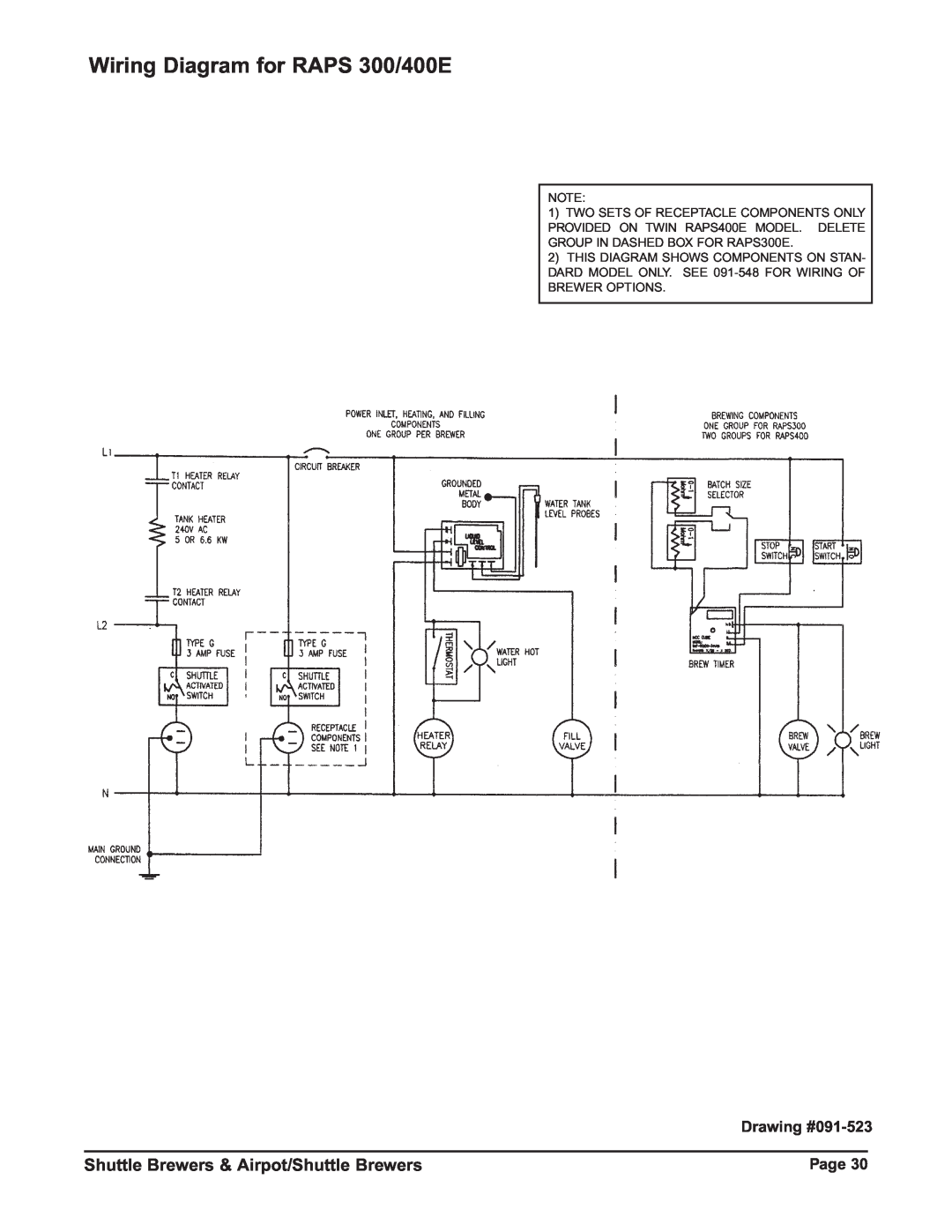 Grindmaster RAPS300E Wiring Diagram for RAPS 300/400E, Shuttle Brewers & Airpot/Shuttle Brewers, Drawing #091-523, Page 