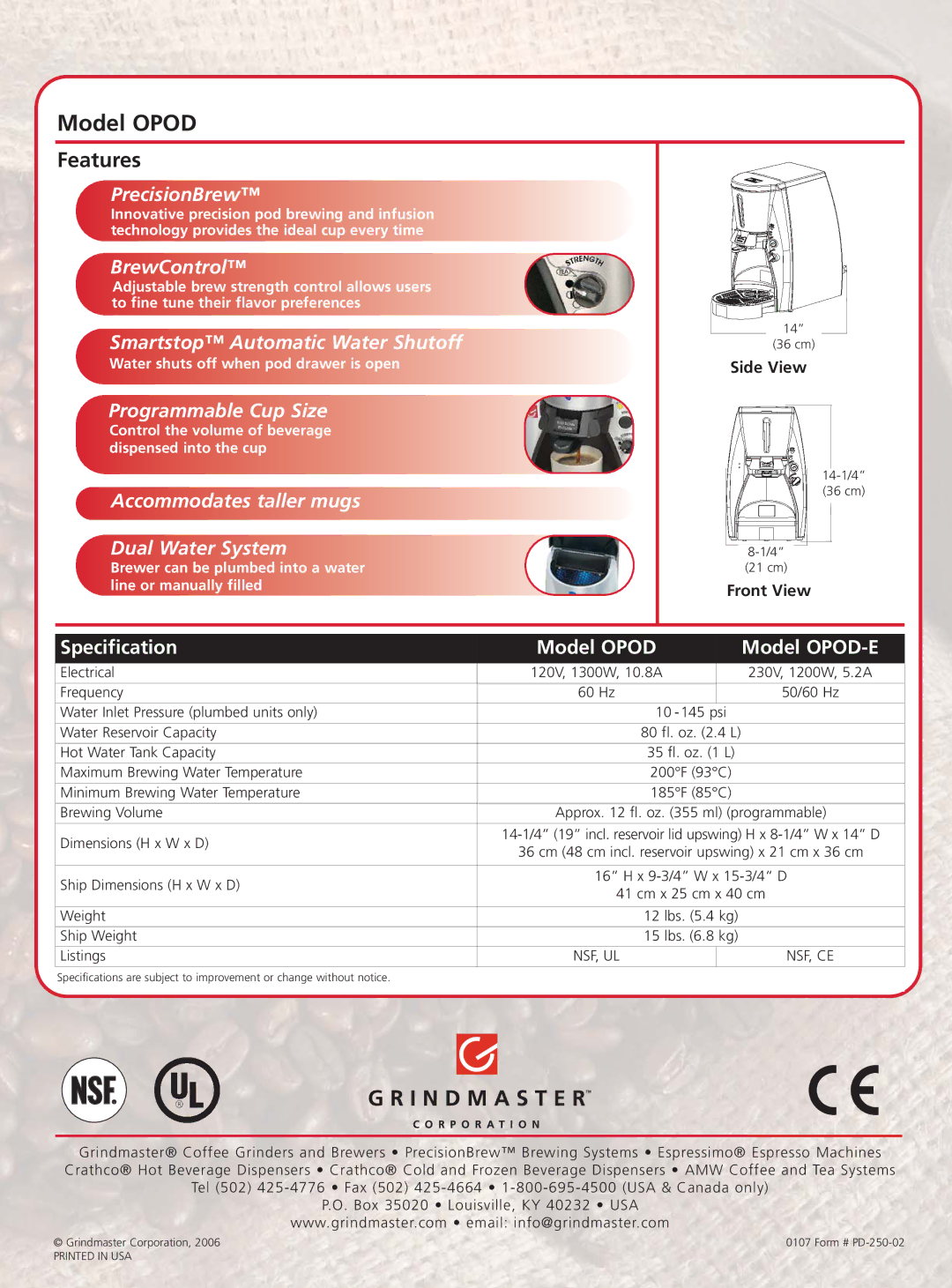 Grindmaster Single Cup Pod Brewer manual Model Opod 