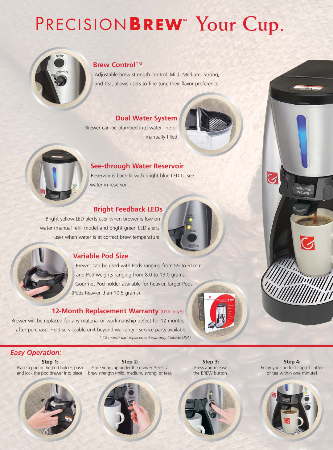 Grindmaster Single Cup Pod Brewer Your Cup, Brew Control, Dual Water System, See-through Water Reservoir, Easy Operation 
