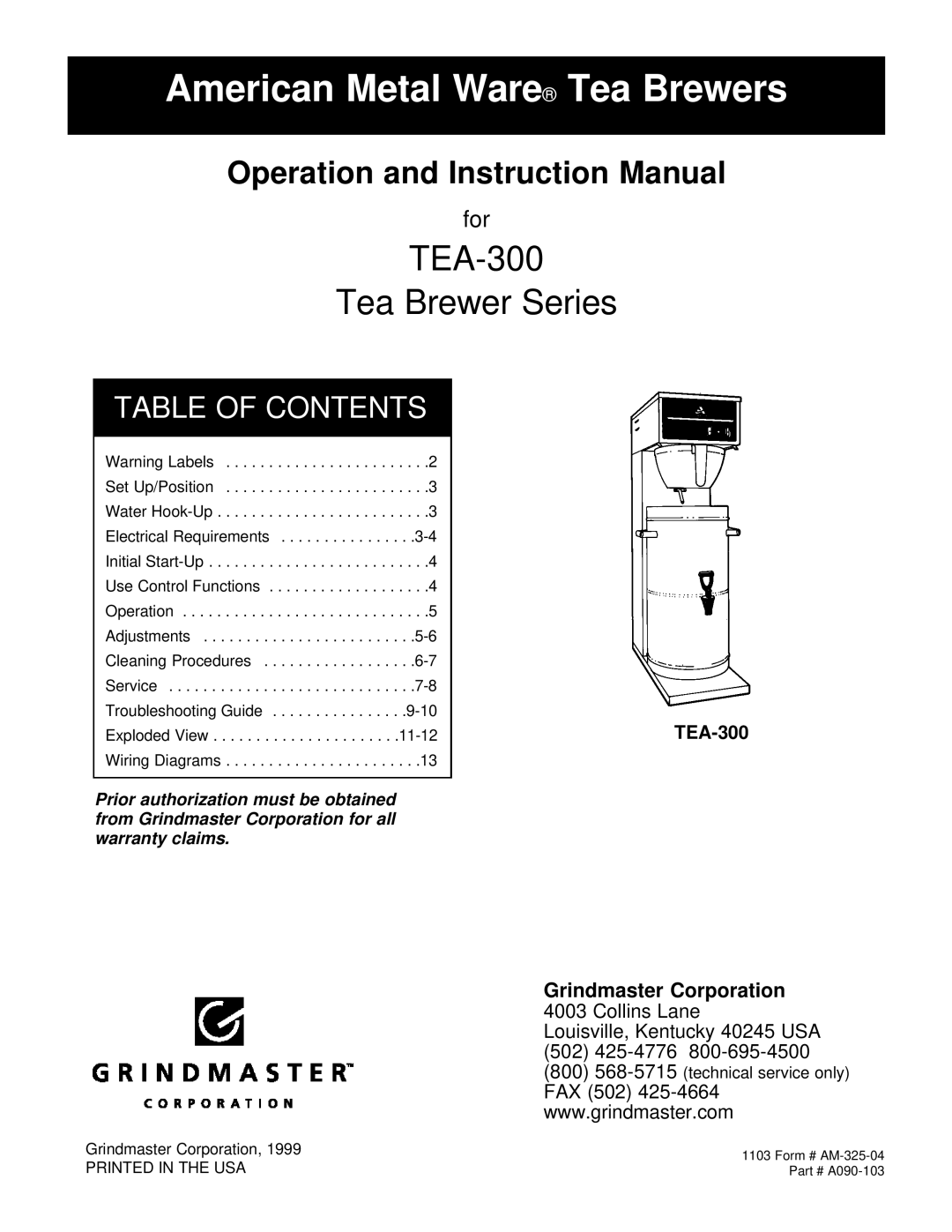 Grindmaster TEA-300 instruction manual American Metal Ware Tea Brewers 