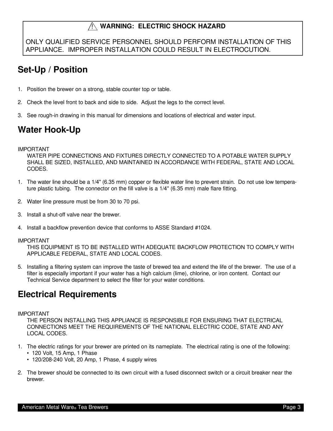 Grindmaster TEA-300 instruction manual Set-Up / Position, Water Hook-Up, Electrical Requirements 