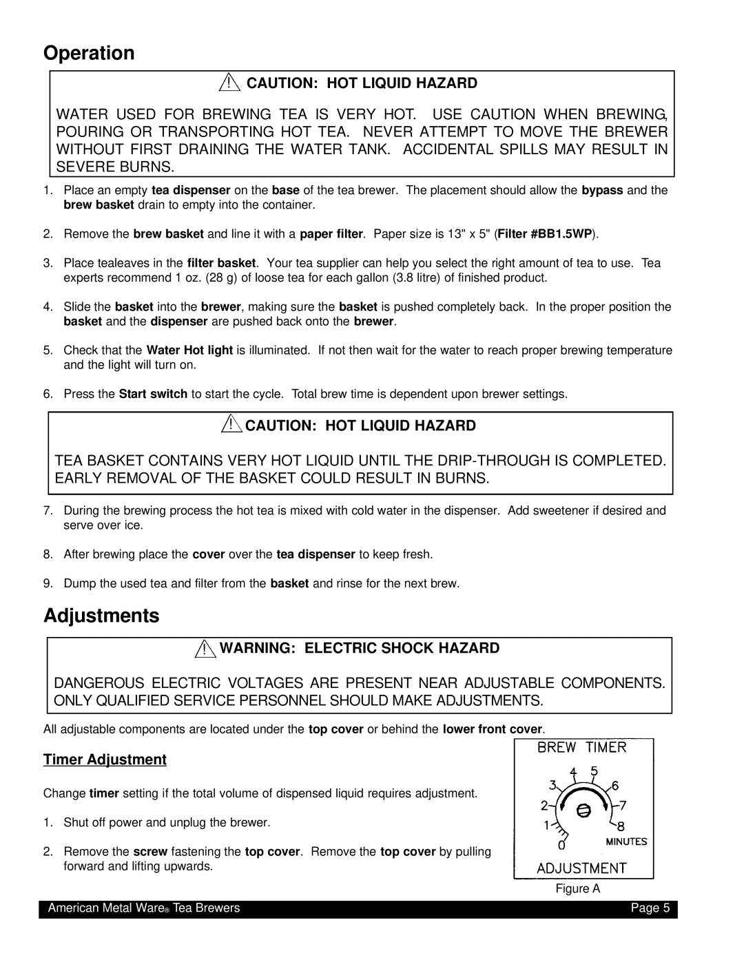 Grindmaster TEA-300 instruction manual Operation, Adjustments, Timer Adjustment 