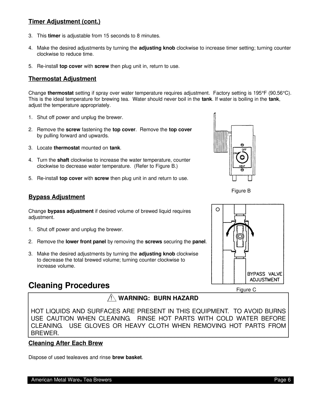 Grindmaster TEA-300 Cleaning Procedures, Thermostat Adjustment, Bypass Adjustment, Cleaning After Each Brew 