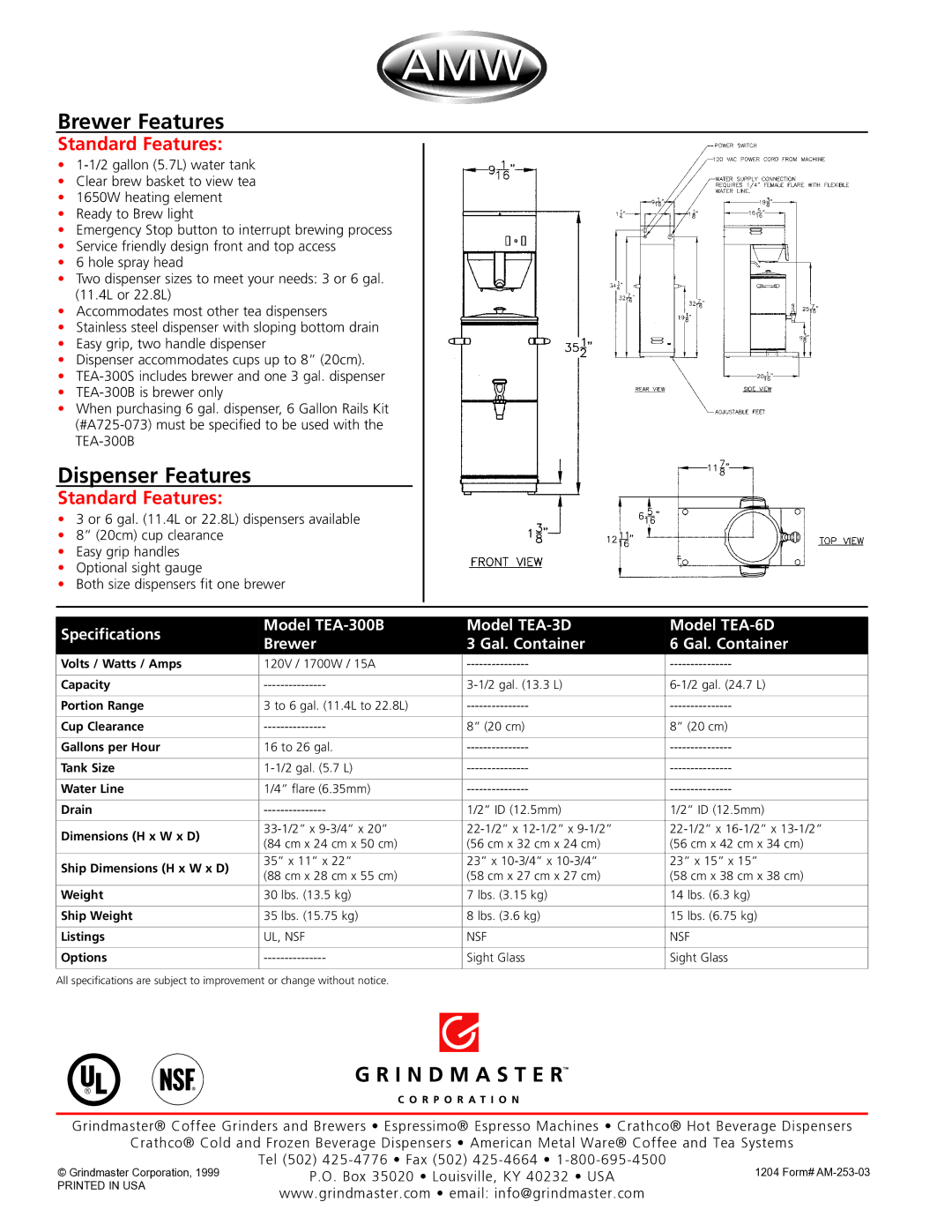 Grindmaster TEA-300S manual Brewer Features, Dispenser Features, Standard Features 