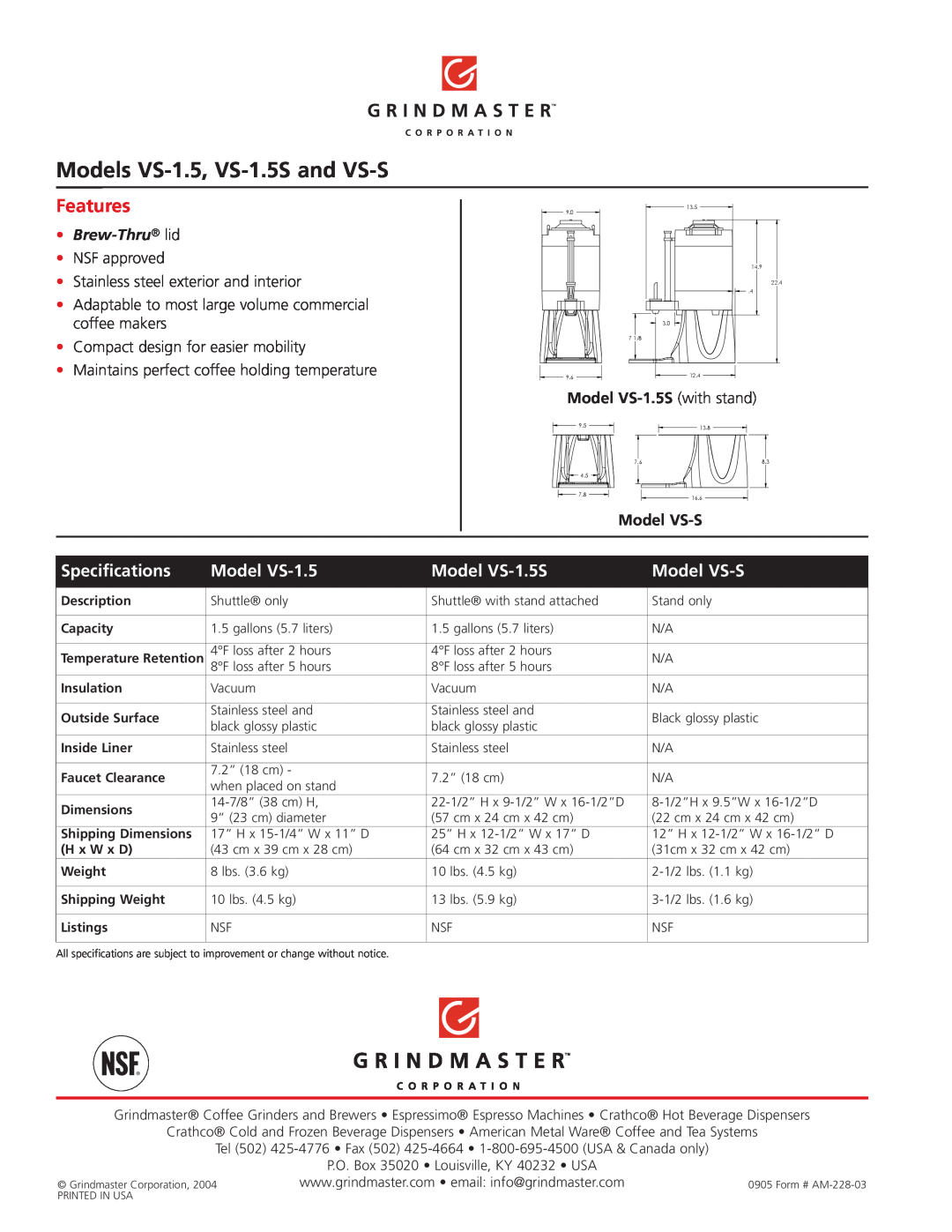 Grindmaster Models VS-1.5, VS-1.5Sand VS-S, Features, Specifications, Model VS-1.5S, Model VS-S, Brew-Thru lid 