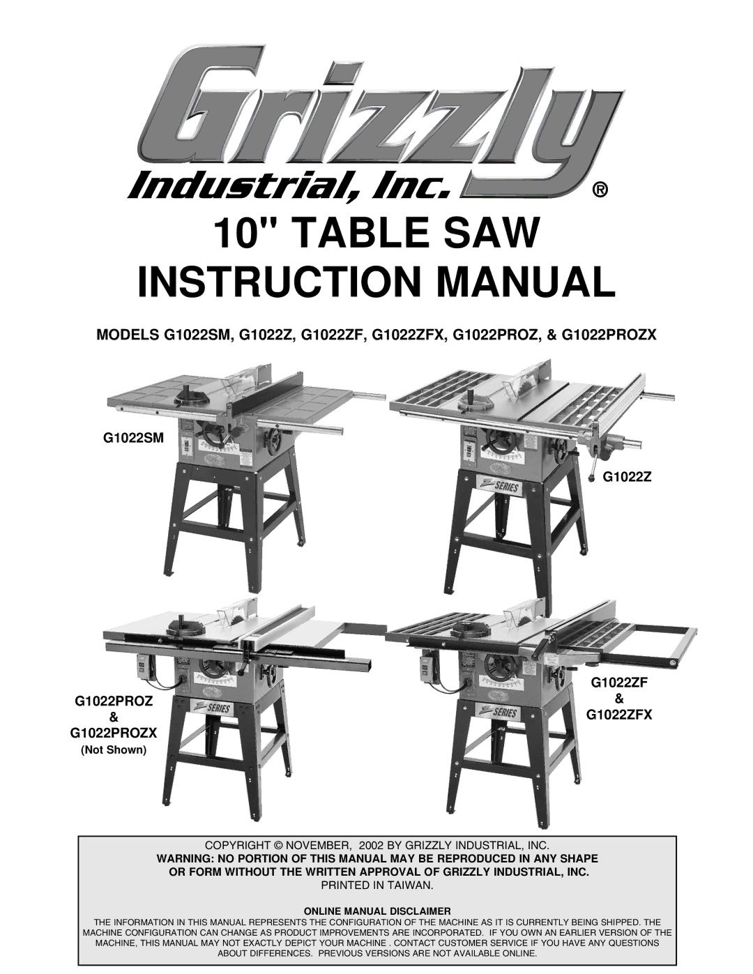 Grizzly & G1022PROZX instruction manual G1022SM G1022Z G1022ZF, G1022ZFX 