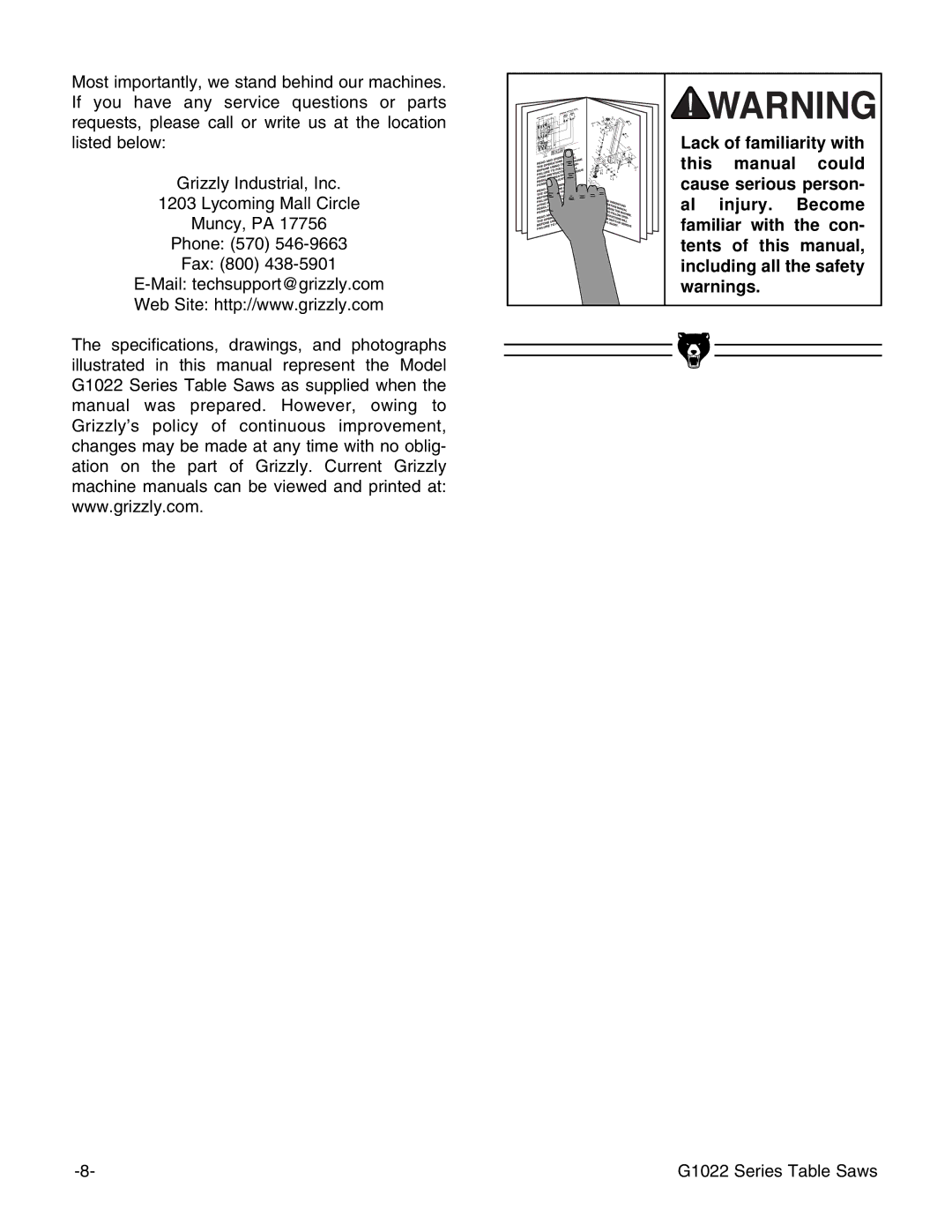 Grizzly & G1022PROZX instruction manual G1022 Series Table Saws 