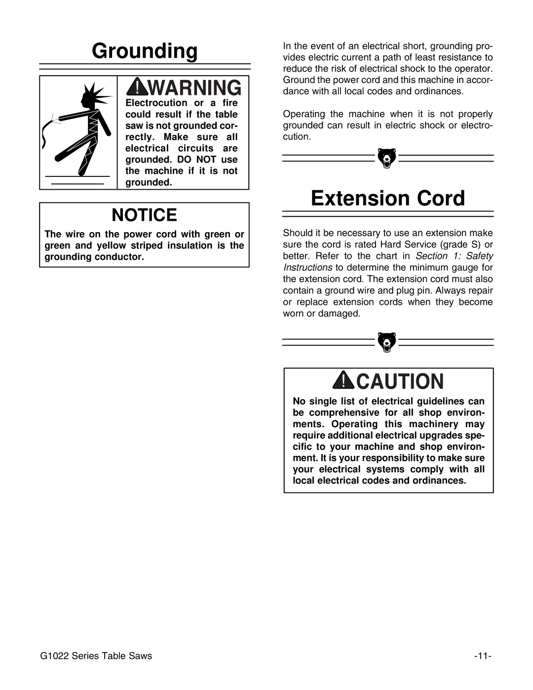 Grizzly & G1022PROZX instruction manual Grounding, Extension Cord 