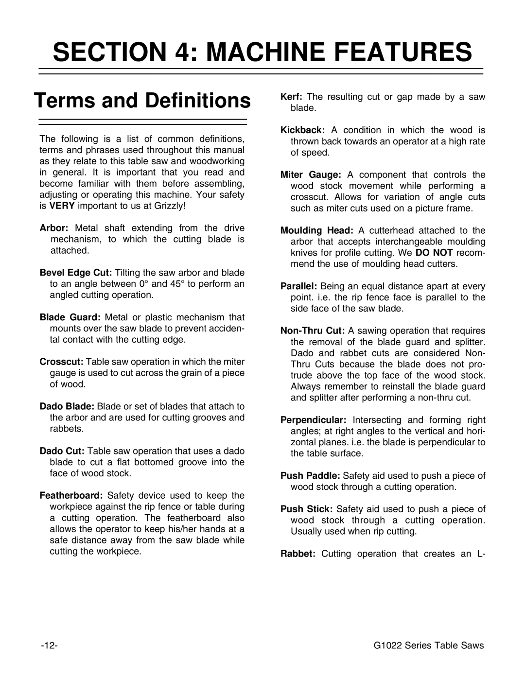 Grizzly & G1022PROZX instruction manual Machine Features, Terms and Definitions 