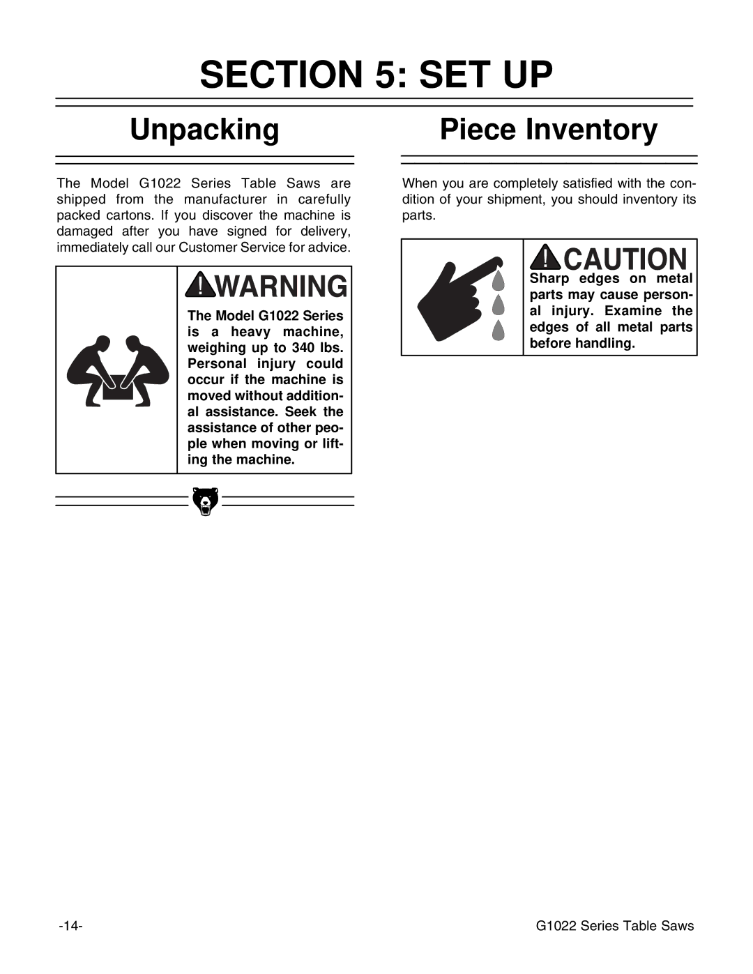 Grizzly & G1022PROZX instruction manual Set Up, Unpacking Piece Inventory 