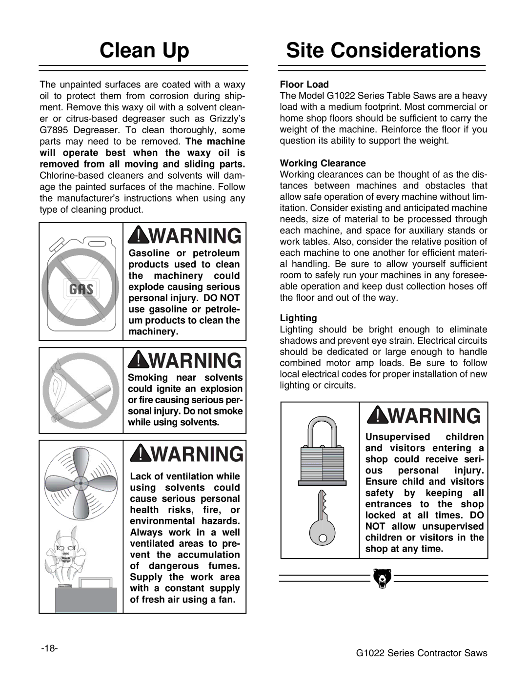 Grizzly & G1022PROZX instruction manual Clean Up, Site Considerations, Floor Load, Working Clearance, Lighting 