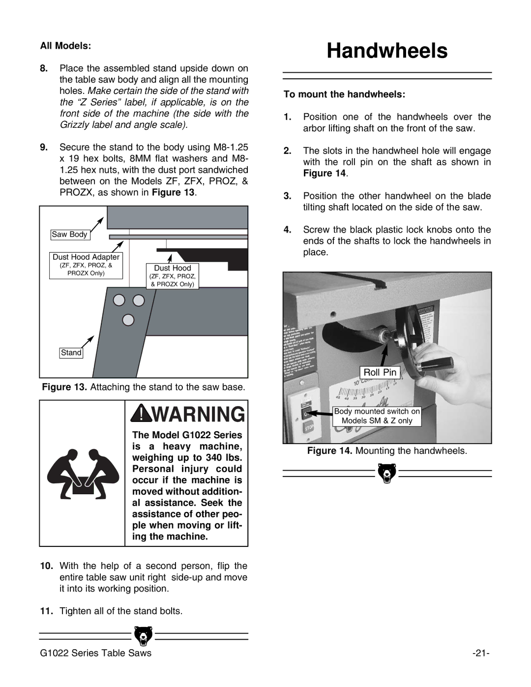 Grizzly & G1022PROZX instruction manual Handwheels, All Models, To mount the handwheels 