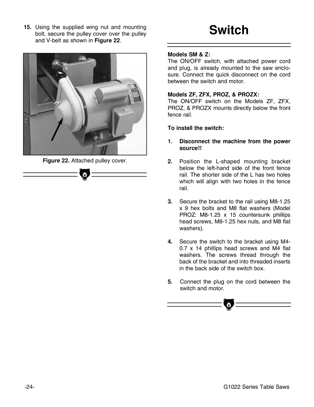 Grizzly & G1022PROZX instruction manual Switch, Models ZF, ZFX, PROZ, & Prozx 