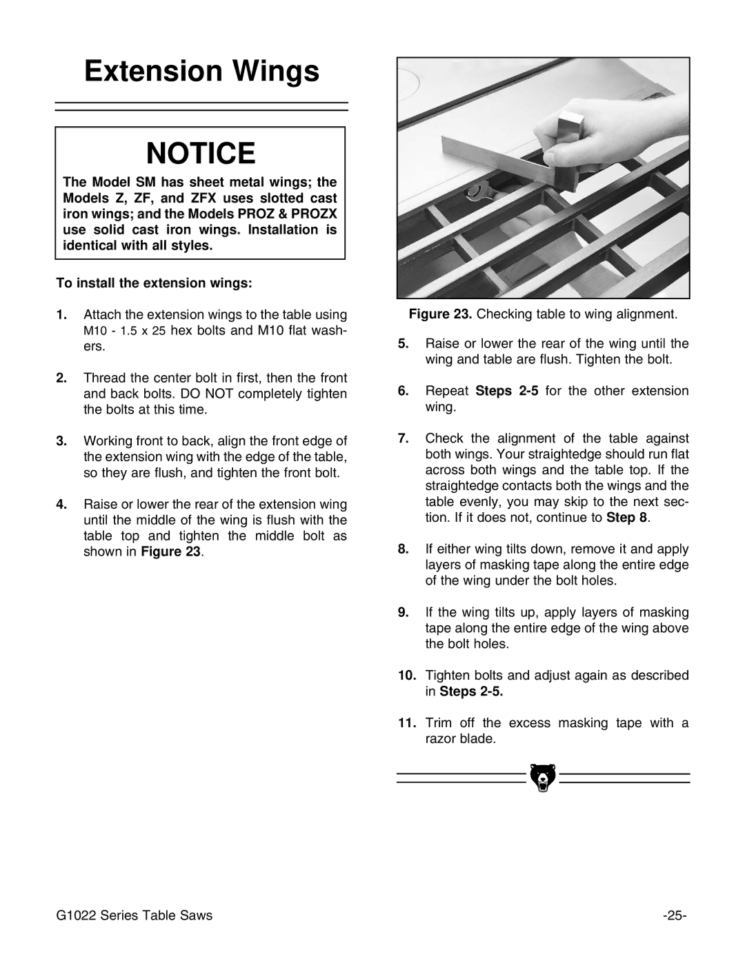 Grizzly & G1022PROZX instruction manual Extension Wings 