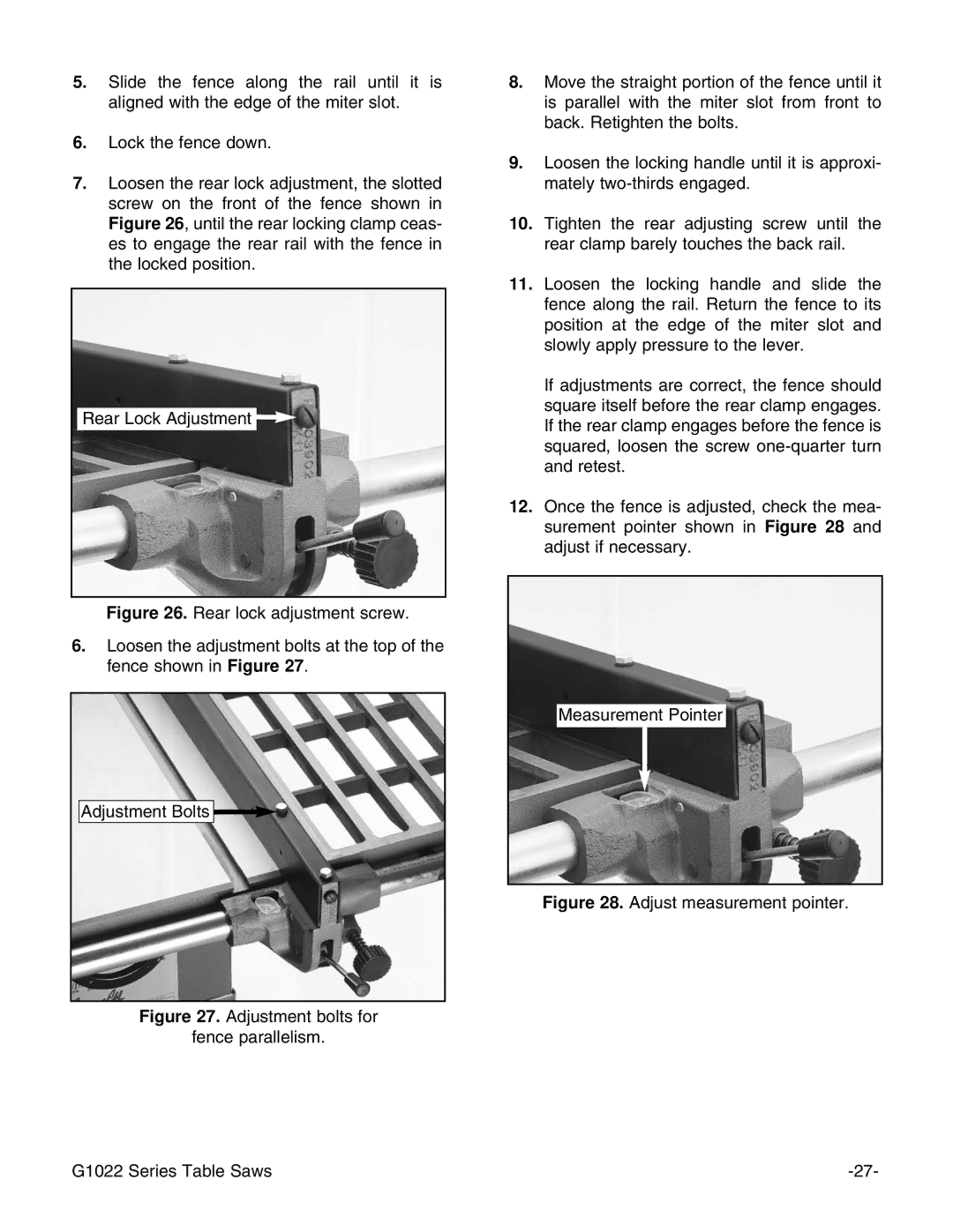 Grizzly & G1022PROZX instruction manual Adjust measurement pointer G1022 Series Table Saws 