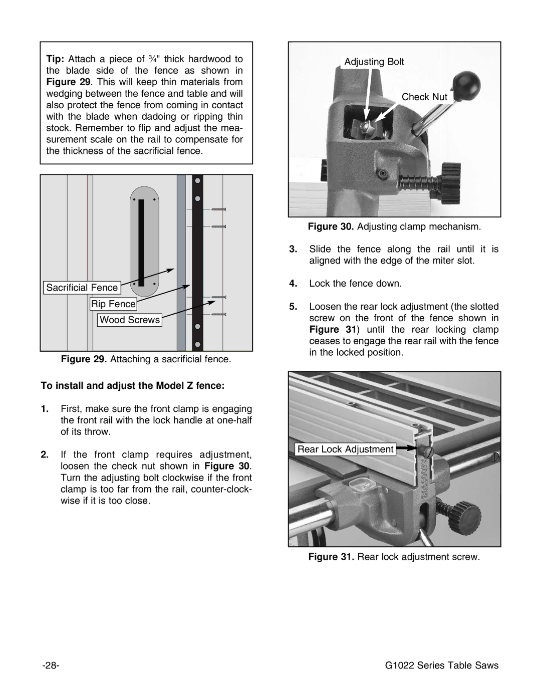 Grizzly & G1022PROZX instruction manual Attaching a sacrificial fence, To install and adjust the Model Z fence 