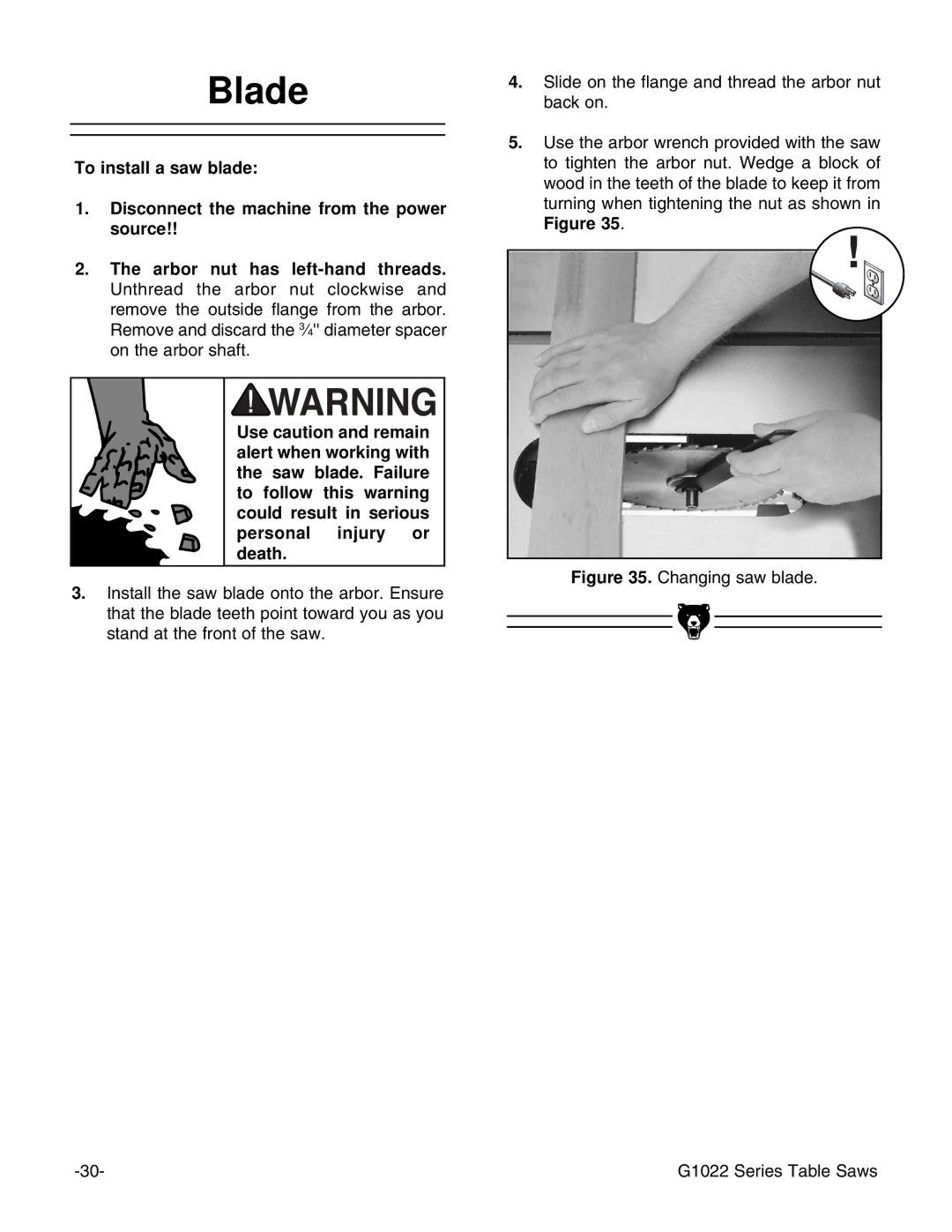 Grizzly & G1022PROZX instruction manual Blade, Changing saw blade G1022 Series Table Saws 