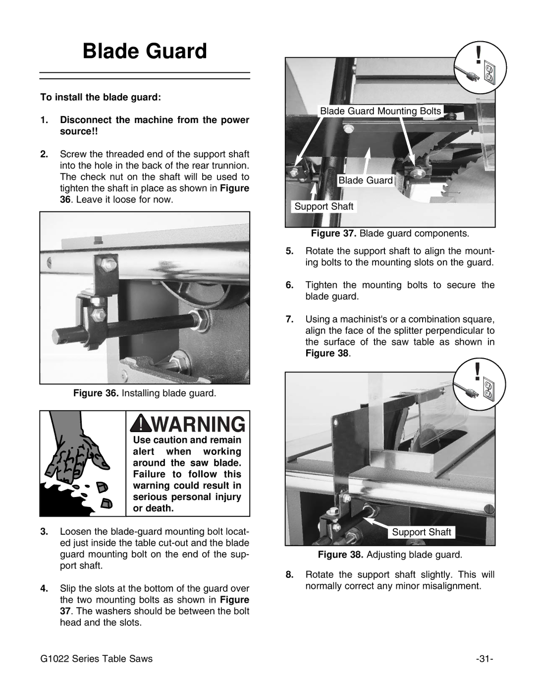 Grizzly & G1022PROZX instruction manual Blade Guard, Installing blade guard 