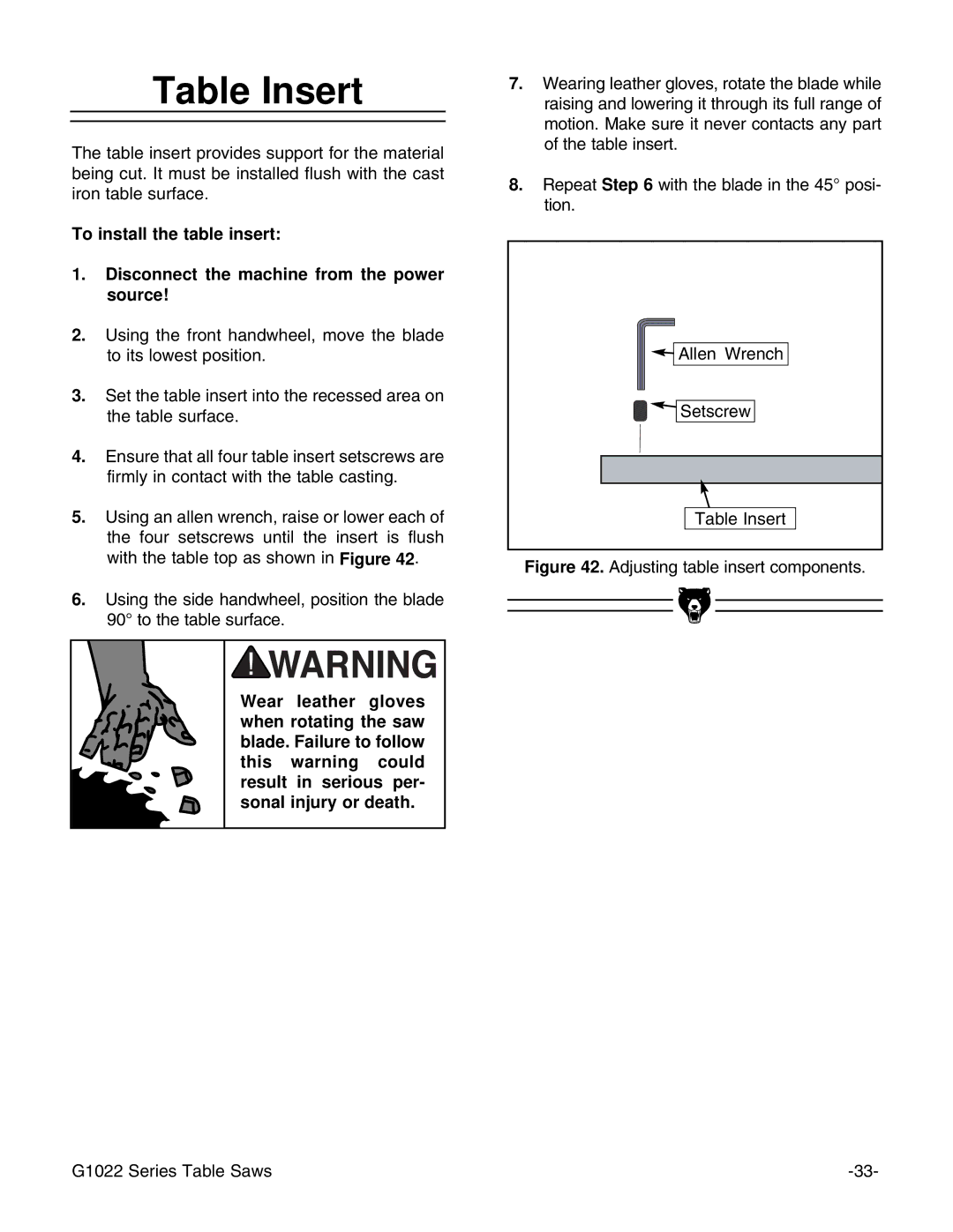 Grizzly & G1022PROZX instruction manual Table Insert, Adjusting table insert components G1022 Series Table Saws 